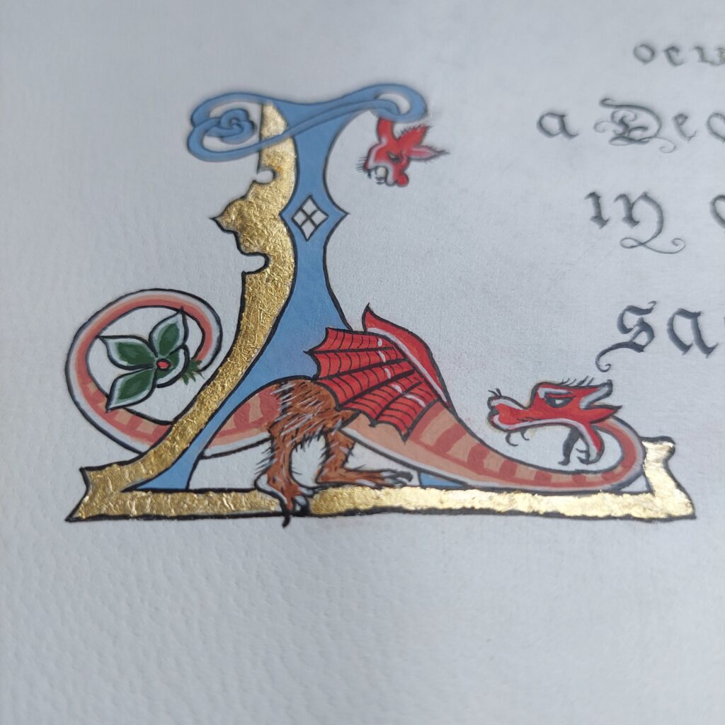 miniatura smok, kaligrafia średniowieczna, fraktura, Gothic letters