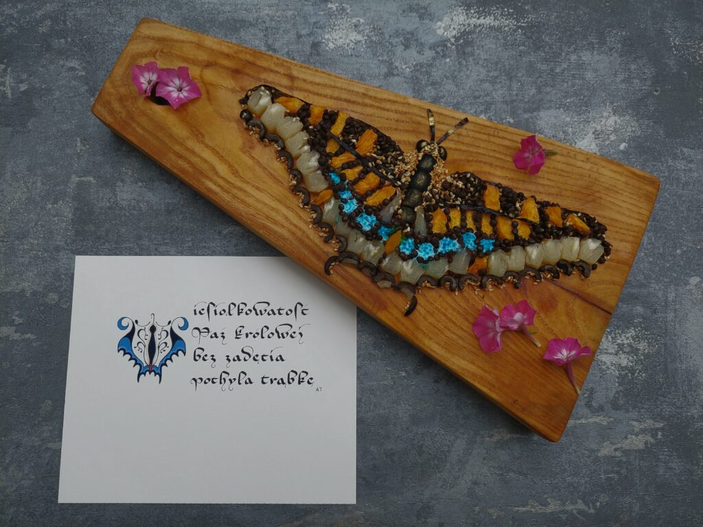 food and calligraphy, food&calligraphy, kaligrafia kulinarna, kaligrafia haiku, haiku motyl, sałatka w kształcie motyla, dekoracja motyl