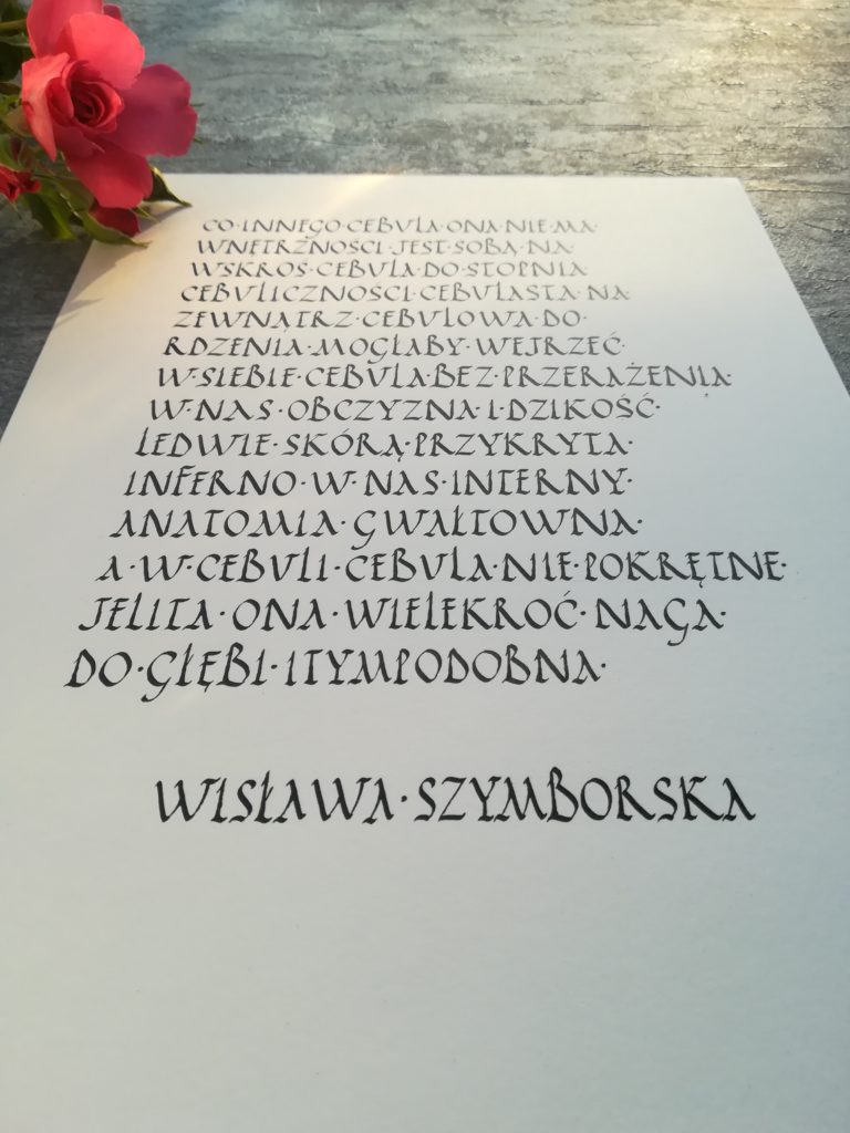 Wisława Szymborska wiersze, Wisława Szymborska Cebula, co innego cebula, ona nie ma wnętrzności, cebula kaligrafia, wiersze W. Szymborskiej, calligraphy, letterings, handlettering, passion, Polish poems